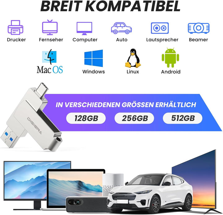 DIGIERA 128 GB 2-in-1-USB-A- und USB-C-Stick, USB 3.2 Gen 1-Stick, 520 MB/s Lese- und 430 MB/s Schre