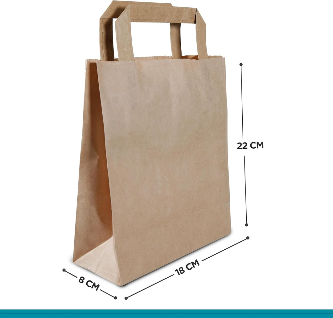 Commerline Papiertüten 250 Stück, Braun, 18+8x22 cm | Kraftpapier Tüten Klein Mit Henkel | Tragetasc