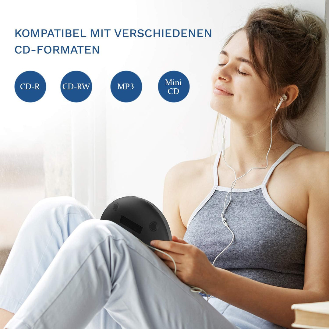 KLIM Discman - Tragbarer CD Player mit eingebautem Akku, inklusive KLIM Fusion Kopfhörer. Kompakter