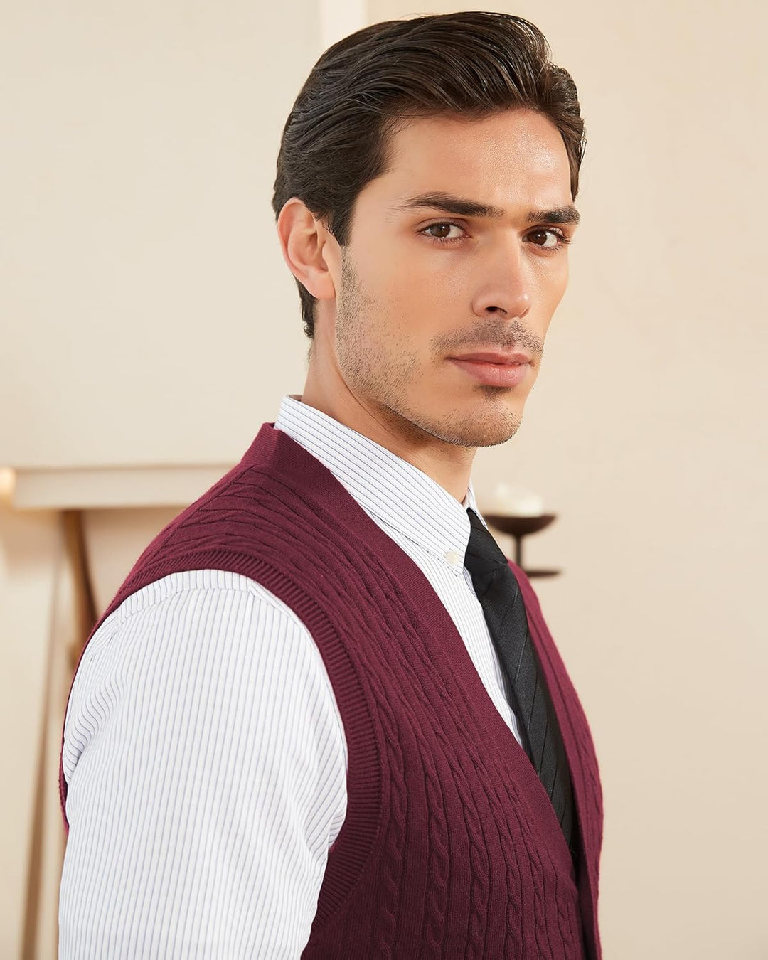 Kallspin Herren Strickweste Ärmellos Cardigan Wollmischung mit Zopfmuster und Knöpfen L Burgund, L B