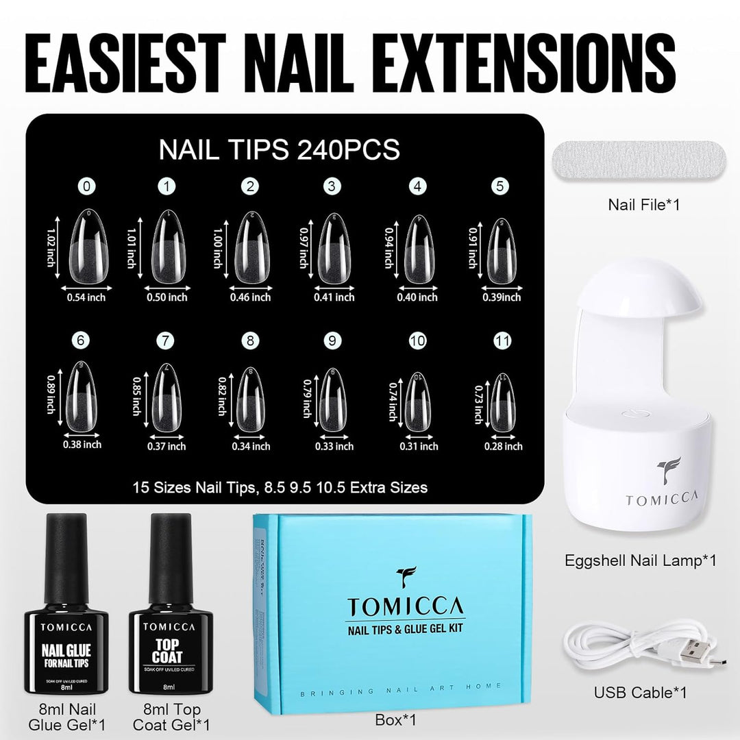 TOMICCA Nail Tips and Glue Gel Kit, Nail Extension Set Top Coat und 6 in 1 nagelkleber für kunstnäge