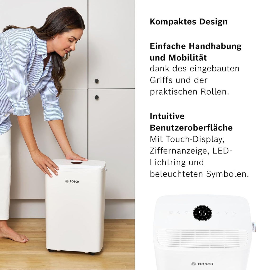 Bosch Dry 1000 Luftentfeuchter - Einfach. Effizient. Leise. - Für Räume bis zu 17 m² - Ideal für Dei
