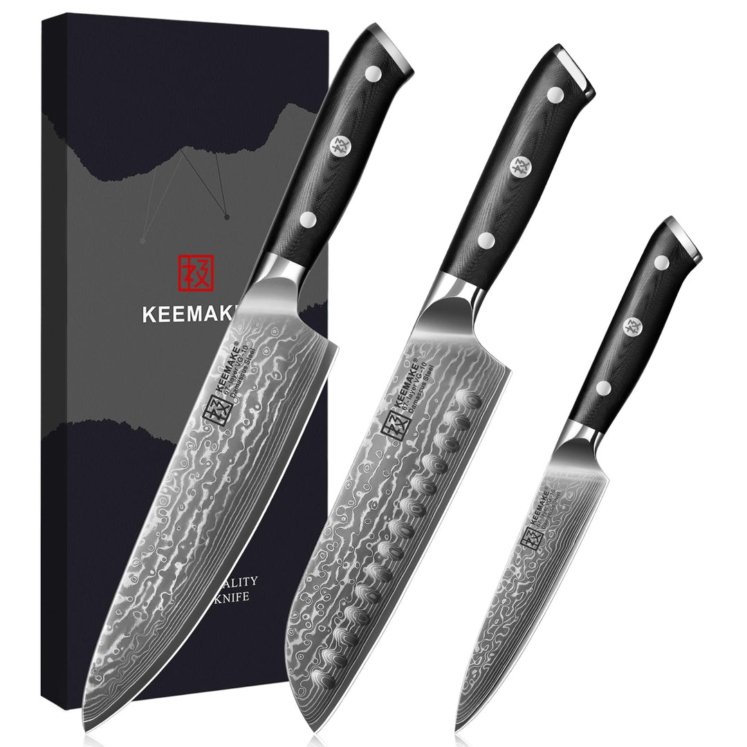 KEEMAKE Damastmesser Set 3 teilig - Küchenmesser Set aus 67 Lagen Damaststahl mit Ergonomischer G10