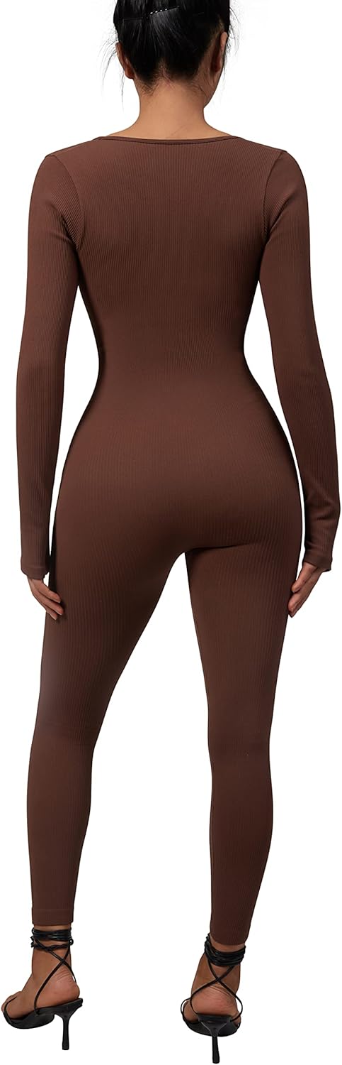RXRXCOCO Gerippte Langarm Jumpsuits Damen Eng Square Neck Einteiler Bauchweg Sport Yoga Overall Romp