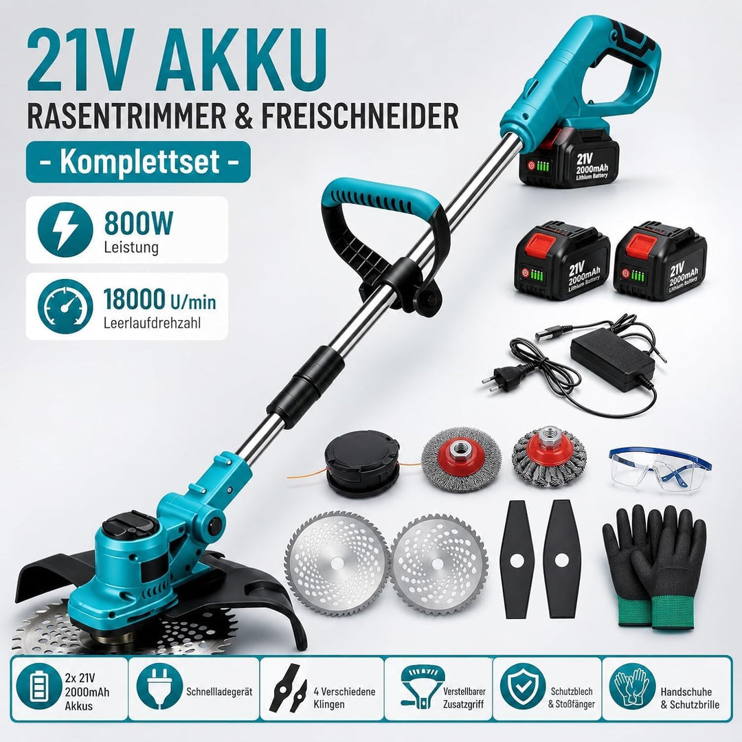 Akku Rasentrimmer &amp; Freischneider, 21V Rasenkantenschneider mit 2 Akkus, Schnittbreite 23 cm, Verste