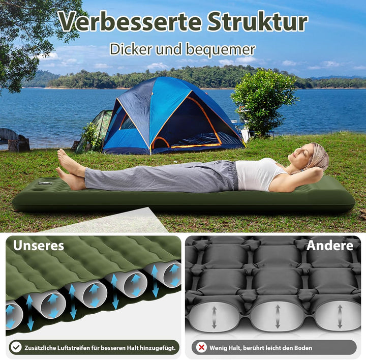 Isomatte Feldbett 12-15CM Extra Dicke verstärkte Stützstruktur mit Integrierter Fusspumpe und Kissen
