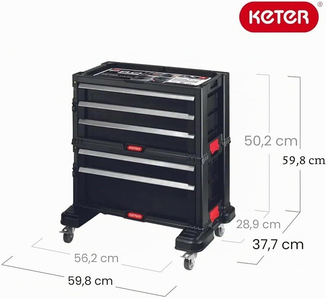 Keter Werkzeugwagen mit 5 Schubladen, schwarz, 56,2 x 28,9 x 50,2 cm Werkzeugkiste mit Rollen, Werkz