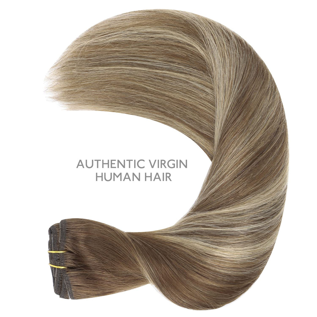 WENNALIFE Clip in Extensions Echthaar, 75g 5pcs 40cm Balayage Schokoladenbraun bis Honigblond Extens