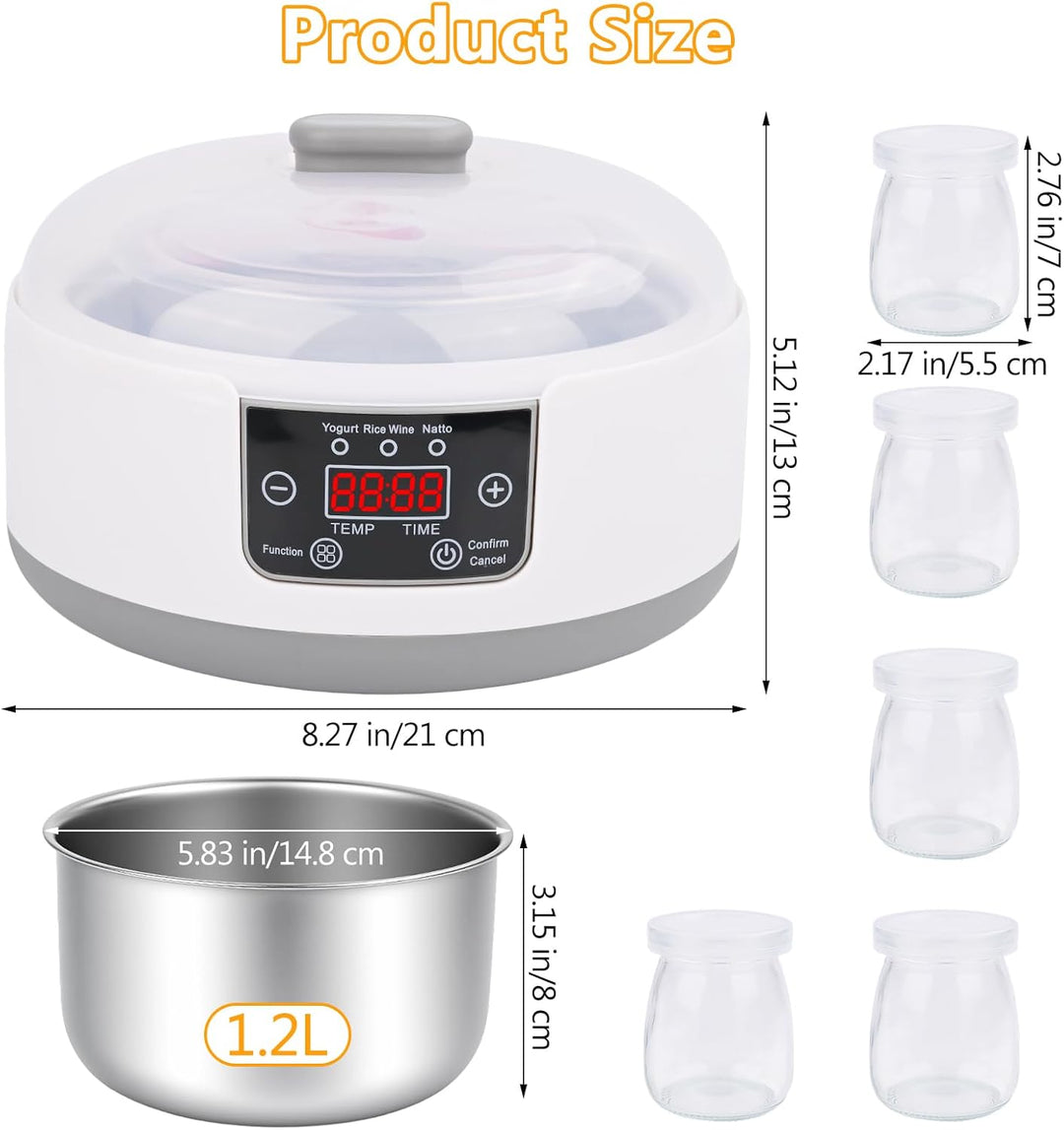 Joghurtbereiter, Joghurtmaschine mit Zeitanzeig, 5 Gläsern, für Organische, Gesüsste, Aromatisierte