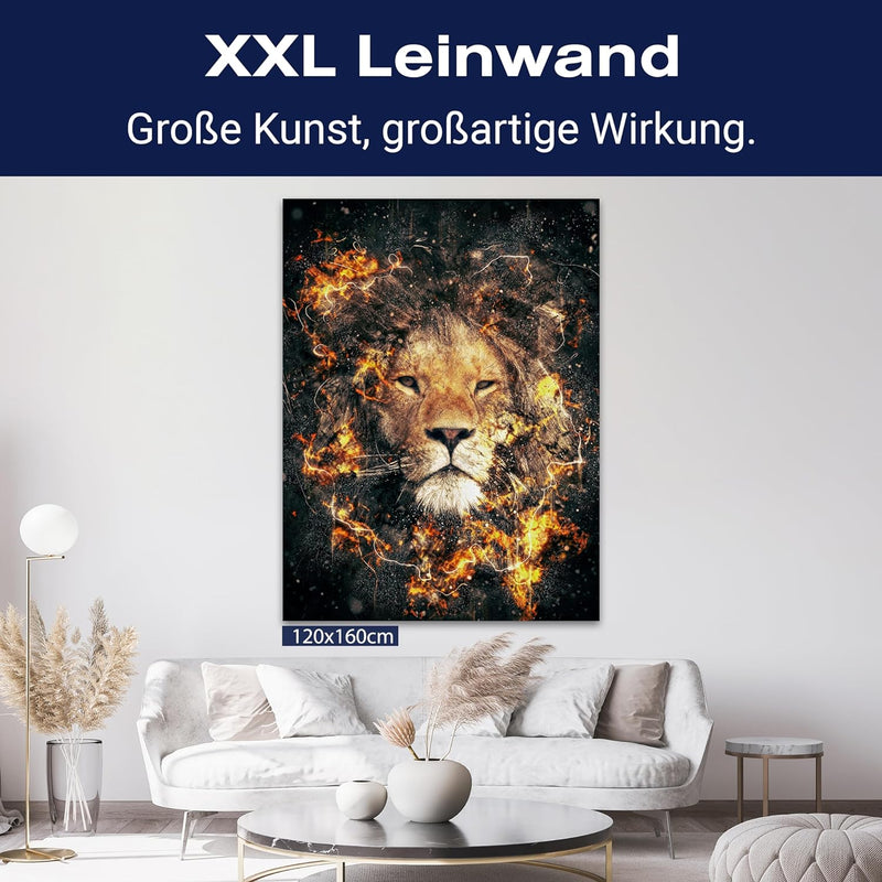 wandmotiv24 Leinwand-Bild Löwe, Grösse 100x75cm, Hochformat, Löwe in Feuer & Flamme, Löwen, Grunge,