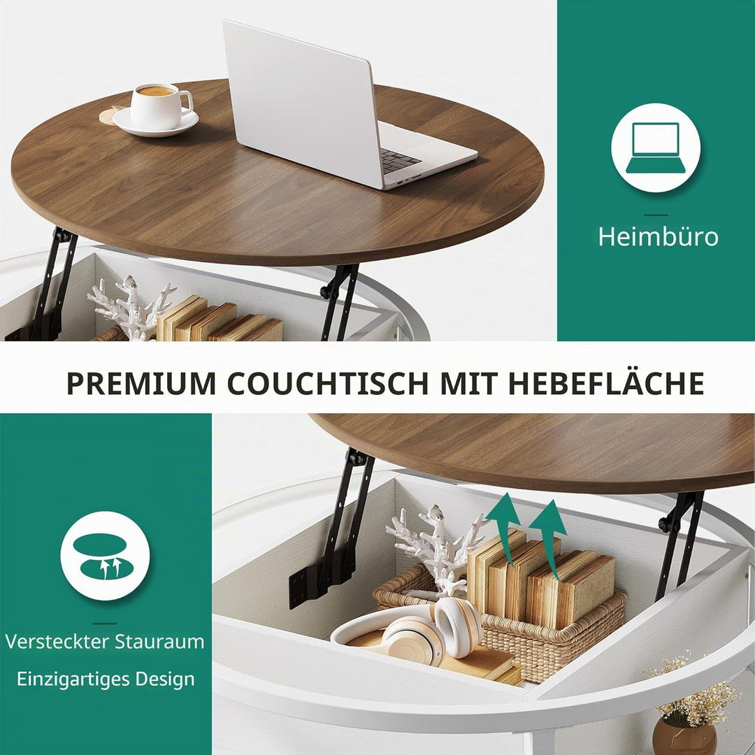 YITAHOME Couchtisch Rund mit Hebeplatte, Wohnzimmertisch mit verstecktem Ablagefach, Beistelltisch R