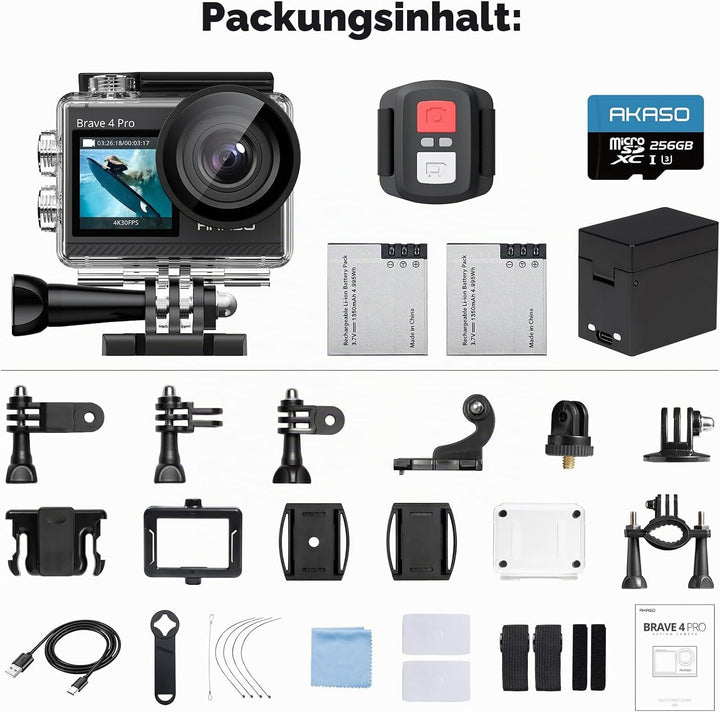 AKASO Brave 4 Pro Action Cam 4K 40M mit U3-Speicherkarte 256 GB, Kamera 20 MP WiFi 170 ° Weitwinkel