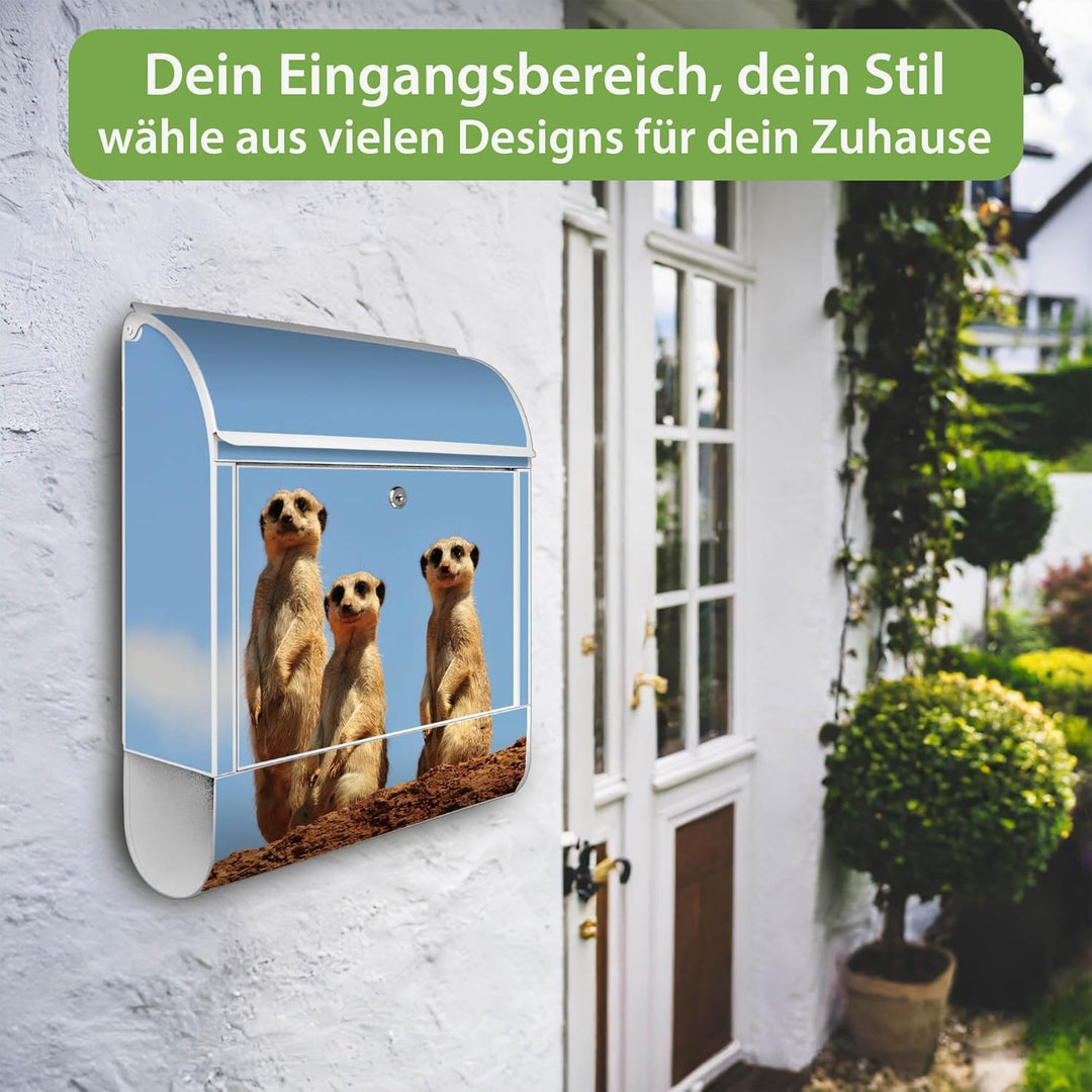 banjado® Design Briefkasten mit Motiv Erdmännchenfamilie 39x47x14cm & 2 Schlüssel - Briefkasten Stah