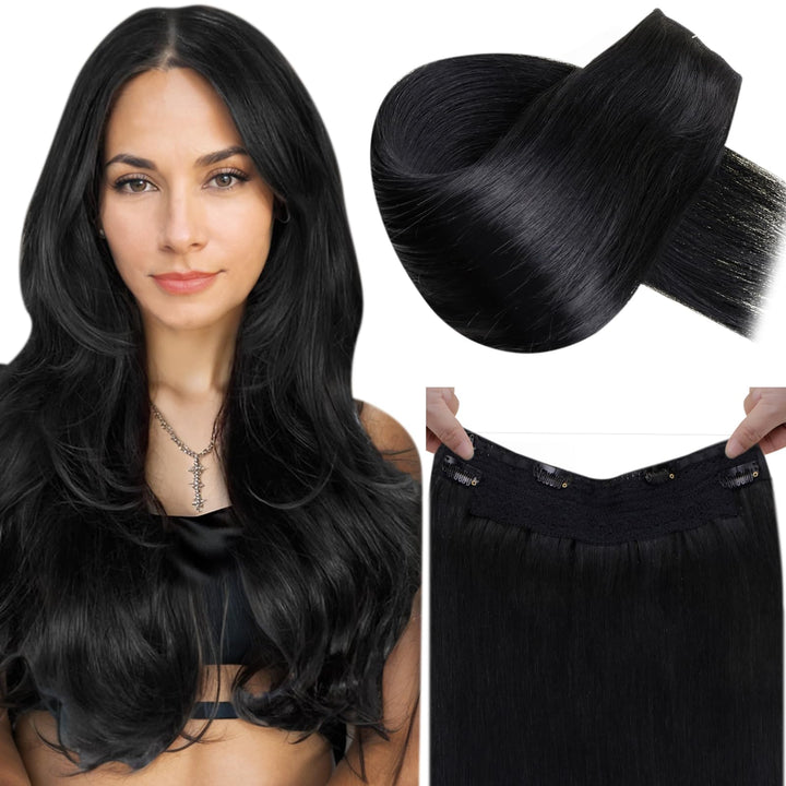 LaaVoo Unsichtbar Fish Line Echthaar Extensions mit Draht Schwarz Invisible Secret Wire Extensions E