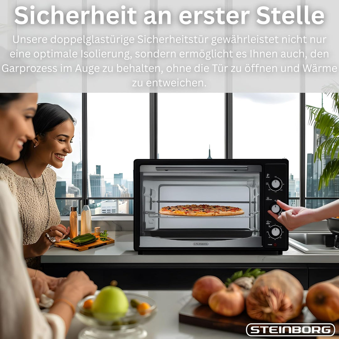 Steinborg® Mini Backofen 45 Liter mit Umluft & Drehspiess Elektrischer Minibackofen – Umluftofen mit