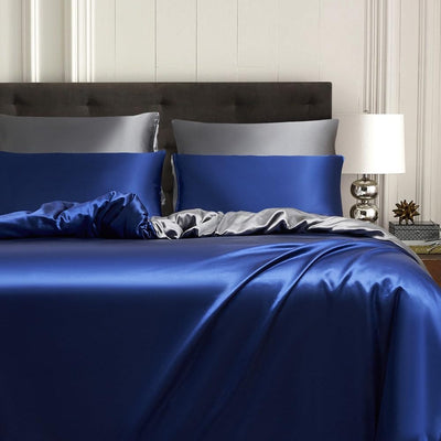 Bettwäsche Satin 155x220 Blau Dunkelblau Grau Seide Glänzend Glatt Bettwäscheset Glanzsatin Sommer U