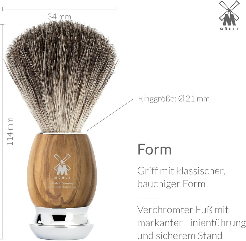 MÜHLE Vivo Rasierset kompatibel mit Gillette-Klingen, Dachshaar-Rasierpinsel, Halterung mit Schale -