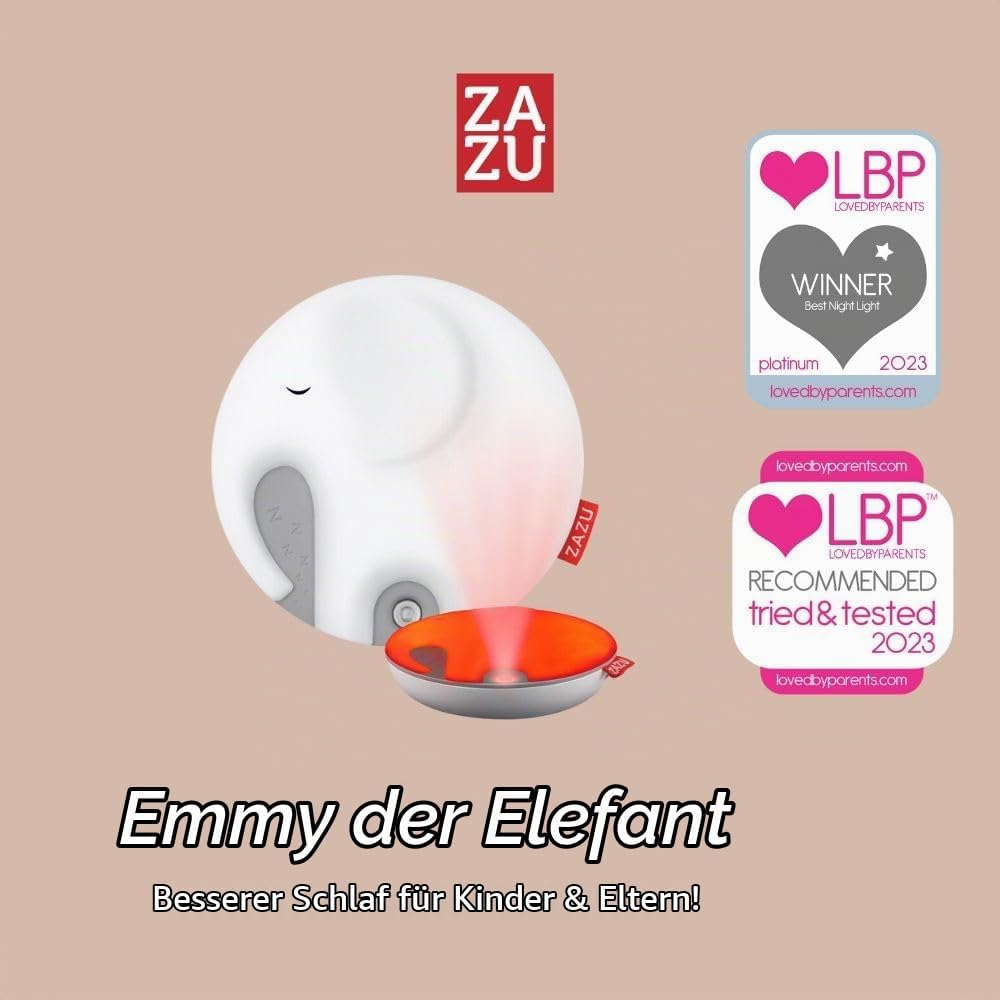 Zazu - Emmy der Elefant Atemlicht mit Nachtlicht &amp; Musikbox - Entspannendes rotes Licht, Weisses Rau