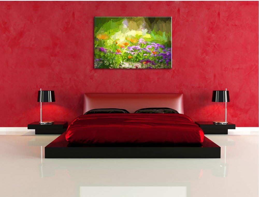 Blumenwiese Pinsel Effekt, Format: 100x70 auf Leinwand, XXL riesige Bilder fertig gerahmt mit Keilra