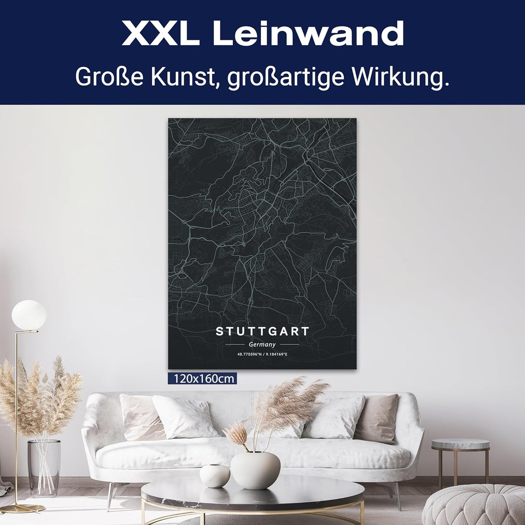 wandmotiv24 Stadt Karte als Leinwandbild, 100x75cm, Hochformat, Stuttgart, Deutschland, Strassen, An