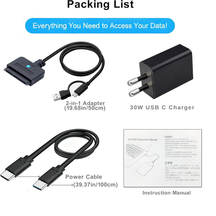 SATA USB Adapter mit 30-W Netzteil, 2-in-1 USB C/USB 3.0 auf SATA Festplatten Adapter für 2,5 3,5 Zo