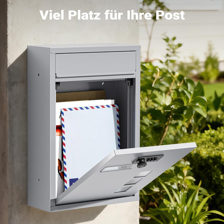 Wiltec Briefkasten silberfarben 215x320x90mm Briefkasten mit Zahlenschloss, Namensschild und Sichtfe