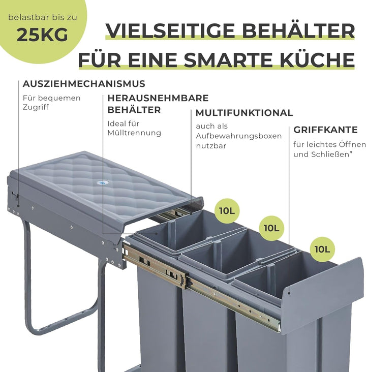 [en.casa] Einbau-Mülleimer Froland Abfallsortierer Ausziehbarer Müllsammler 3 Herausnehmbare Fächer