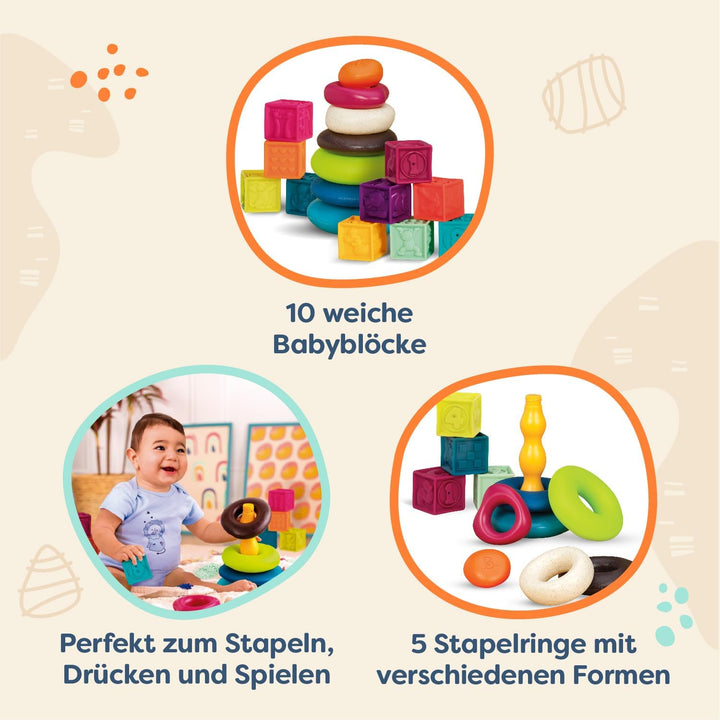 B. toys - One Two Squeeze & Hüpfsteine Set - Baby-Blöcke & Stapel-Ringe - 10 nummerierte Blöcke und