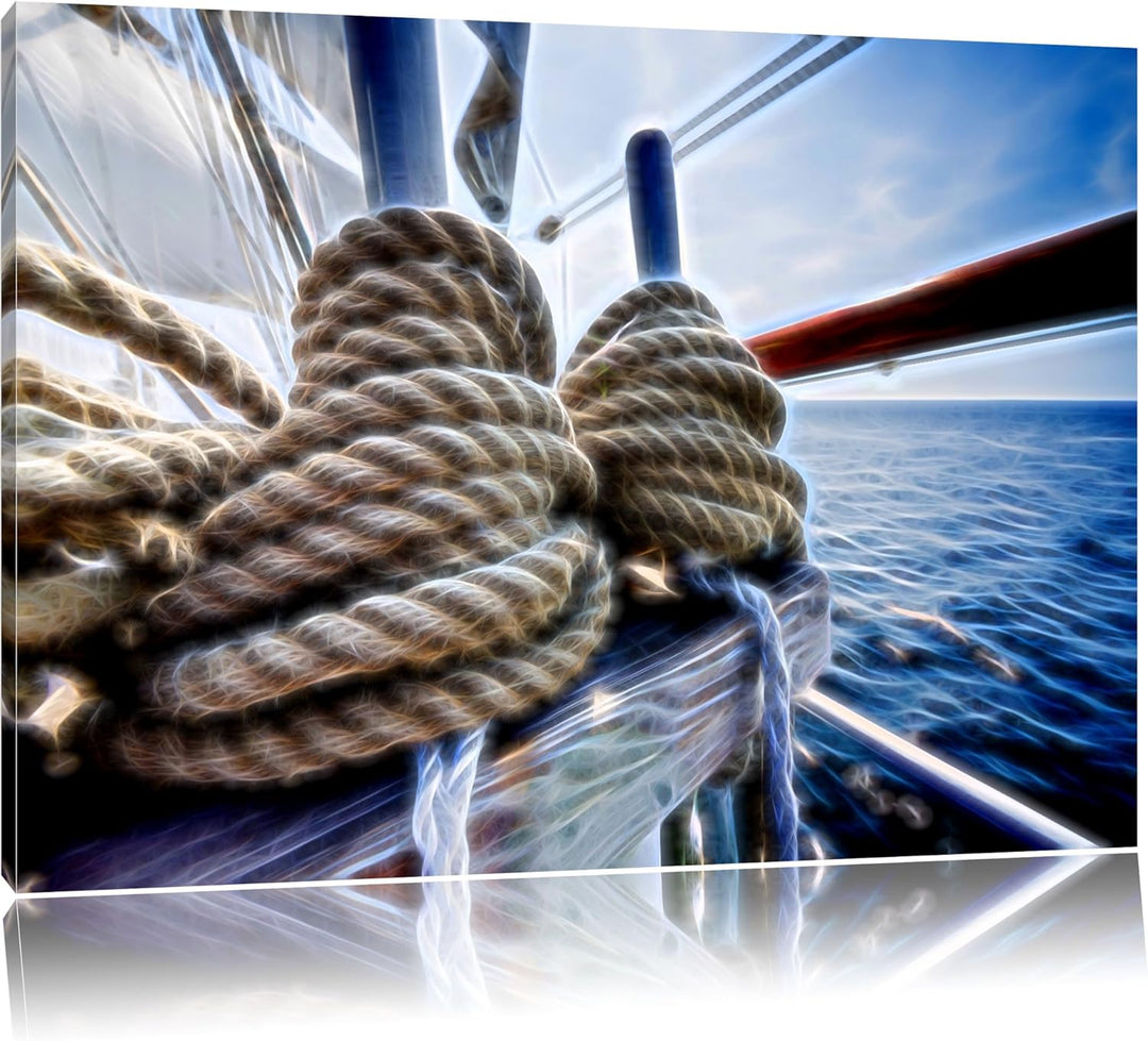 Tau Seile auf Boot abstrakt Format: 120x80 auf Leinwand, XXL riesige Bilder fertig gerahmt mit Keilr