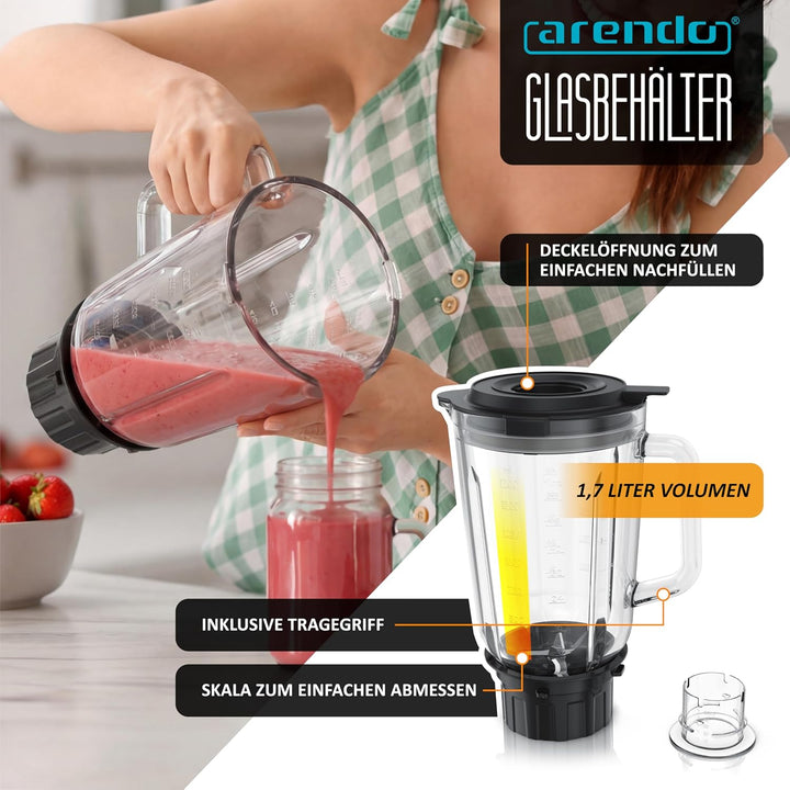 Arendo – Standmixer Glas 1400 W – Hochleistungsmixer - 1,7 L Fassungsvermögen – Mixbehälter aus Glas