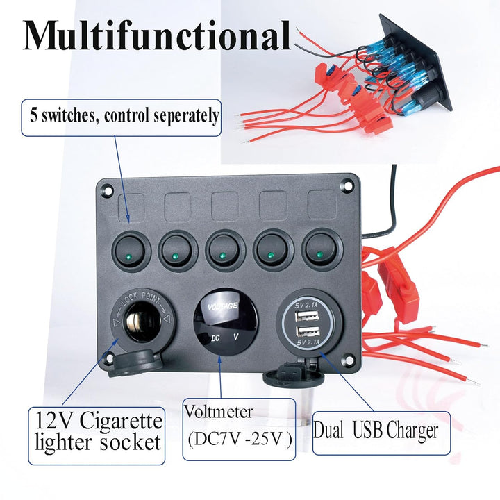 Etrogo 5 Gang Kippschalter Panel mit Dual USB Steckdose ät 4.2A + Wasserdicht LED Voltmeter +Zigaret