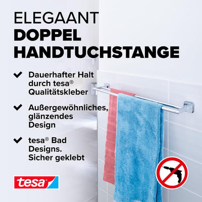 tesa ELEGAANT Doppelte Handtuchstange, verchromt - Badetuchhalter zur Wandbefestigung ohne Bohren, i