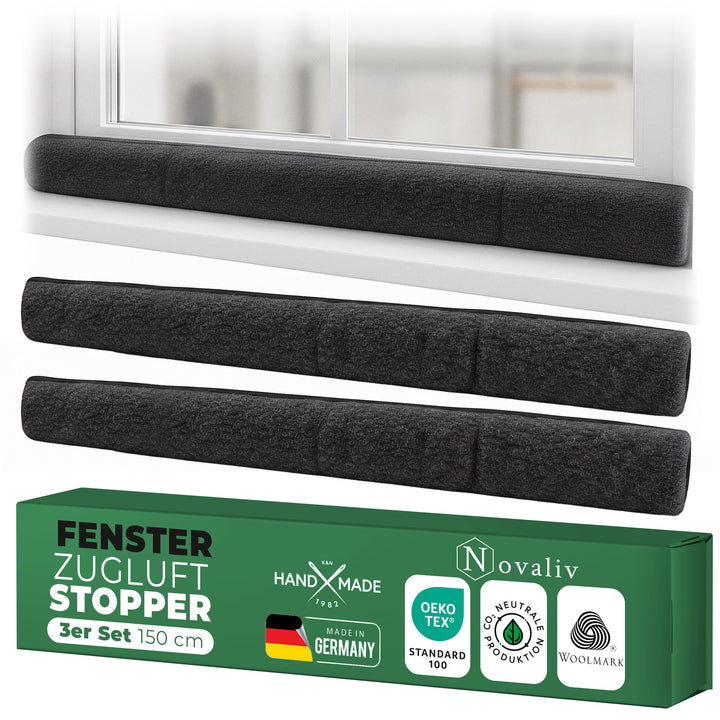 Zugluftstopper für Fenster 150cm Anthrazit Schurwolle – stoppt Zugluft & Kälte, dämpft Lärm/Staub/Li