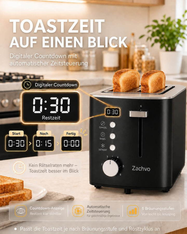 Edelstahl 2 Scheiben Toaster mit LED-Countdown & Brötchenaufsatz, extra breite 3,5 cm Schlitze für T