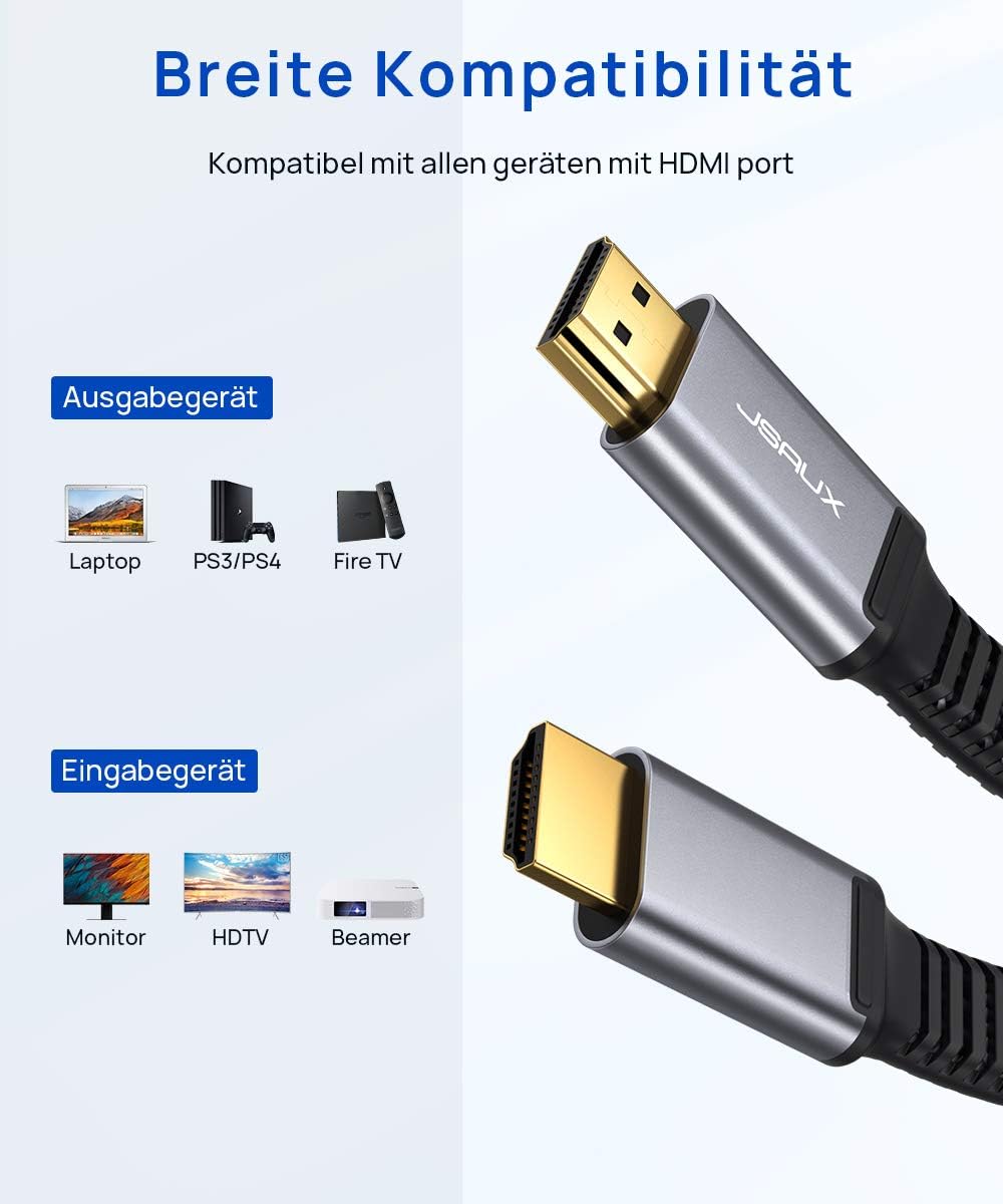 JSAUX HDMI Kabel 4Meter [4K@60Hz,HDMI 2.0,18Gbps] Flach HDMI 2.0 Kabel Highspeed 5M HDMI Nylon Geflo