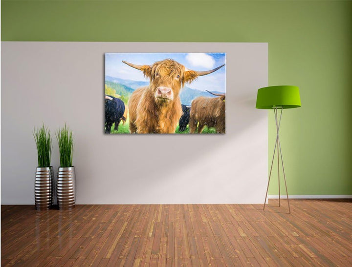 Pixxprint Blick Einer Kuh an der Weide / 100x70cm Leinwandbild bespannt auf Holzrahmen/Wandbild Kuns