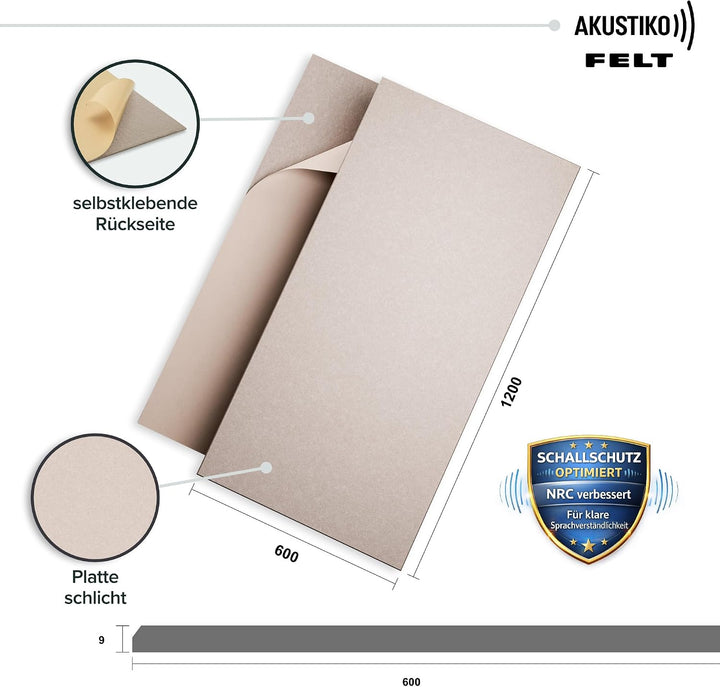 AKUSTIKO Akustikpaneele Selbstklebend 120x60cm - 4 Stück Beige Akustik Wandpaneele Schallschutz &amp; Ra
