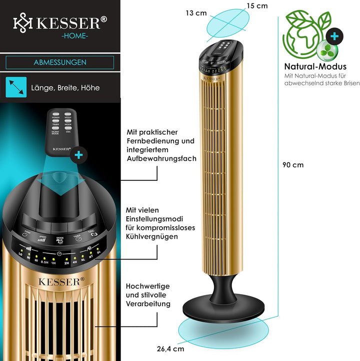 KESSER® Turmventilator mit Fernbedienung | 90° Oszillationswinkel | 3 Stufen | 90 cm |+ Timerfunktio