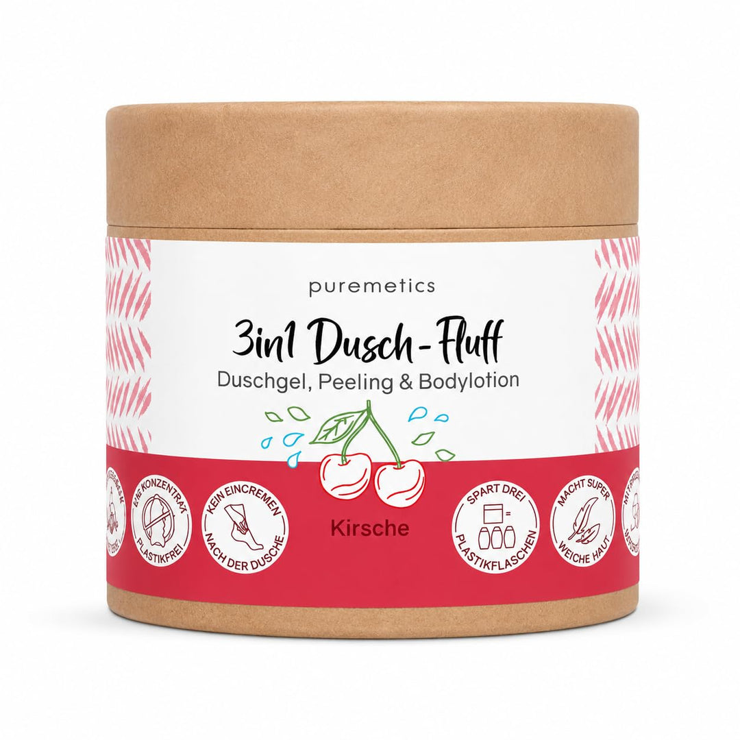 puremetics 3in1 Dusch-Fluff Kirsche, Duschgel, Peeling &amp; Bodylotion, 250 g Limited Edition