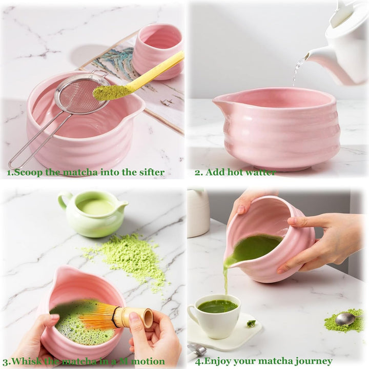 Matcha-Set, 9-teilig, rosa Matcha-Set mit Bambus-Matcha-Schneebesen, Keramikschale, Tasse, Halter, S