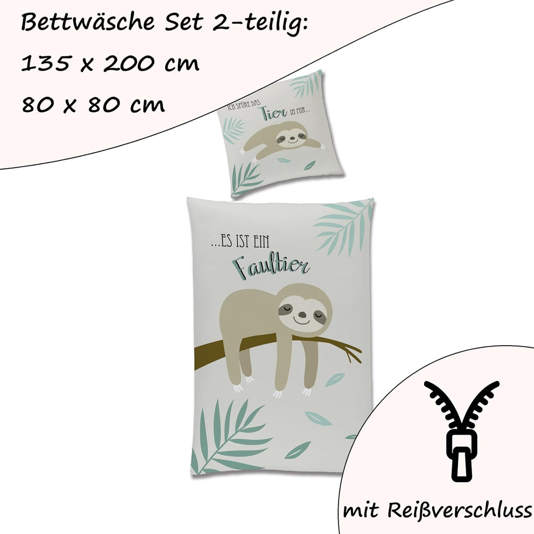 Familando Faultier Bettwäsche-Set 135x200 cm + Kissen 80x80 cm · Profi-Chiller · Kinder-Bettwäsche 1