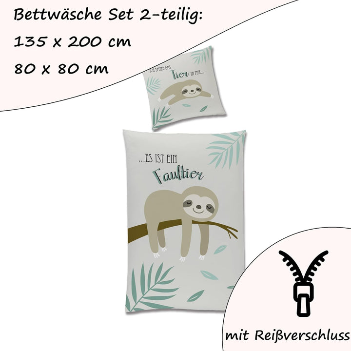 Familando Faultier Bettwäsche-Set 135x200 cm + Kissen 80x80 cm · Profi-Chiller · Kinder-Bettwäsche 1