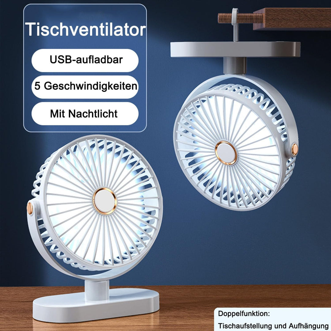 Schreibtischventilator mit Nachtlicht, Tragbarer Mini Ventilator 4000 mAh USB-Akku, 5 Geschwindigkei