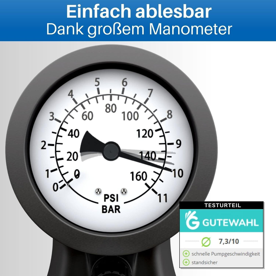 HiLo sports Fahrrad Standpumpe bis 11 bar - [Passt für alle Ventile] - Standluftpumpe mit Holz Griff