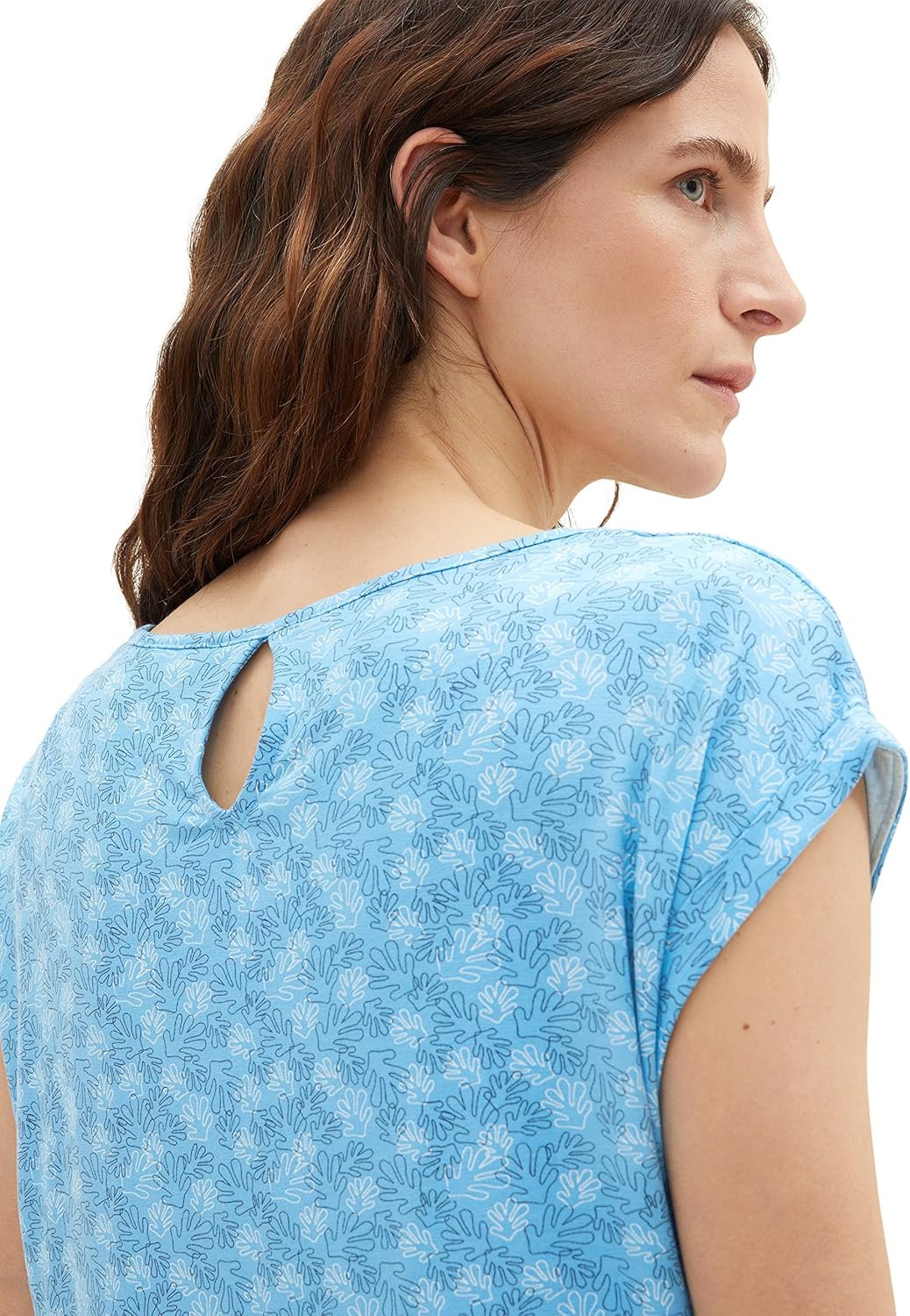 TOM TAILOR Damen T-Shirt mit Muster L 32819 - Blue Overlayed Leaf Design, L 32819 - Blue Overlayed L
