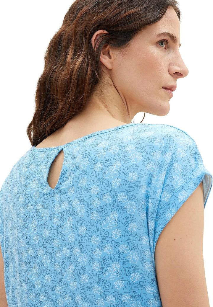 TOM TAILOR Damen T-Shirt mit Muster L 32819 - Blue Overlayed Leaf Design, L 32819 - Blue Overlayed L