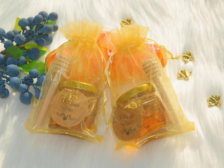 20 Pack 1.5 oz Hexagon Mini Glas Honig Gläser mit hölzernen Dippers, Bienen Anhänger, goldene Gesche