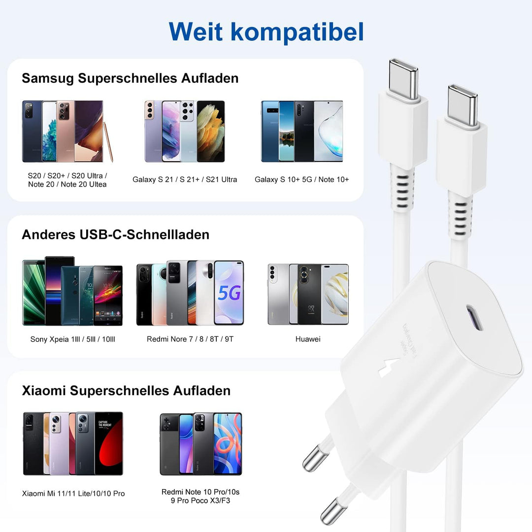 USB C Ladegerät, Schnellladegerät 25w mit 2M Kabel, Ladekabel USB C mit Netzteil,Typ C Schnellladege