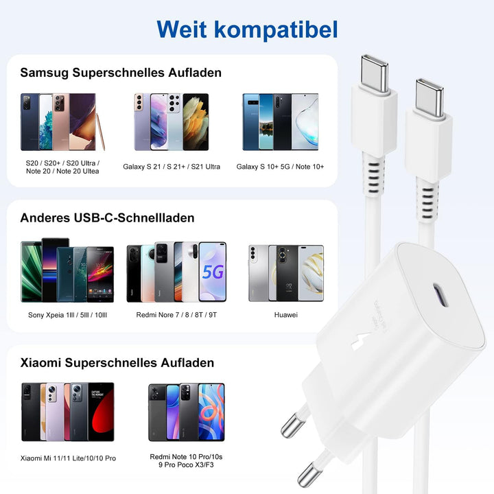 USB C Ladegerät, Schnellladegerät 25w mit 2M Kabel, Ladekabel USB C mit Netzteil,Typ C Schnellladege