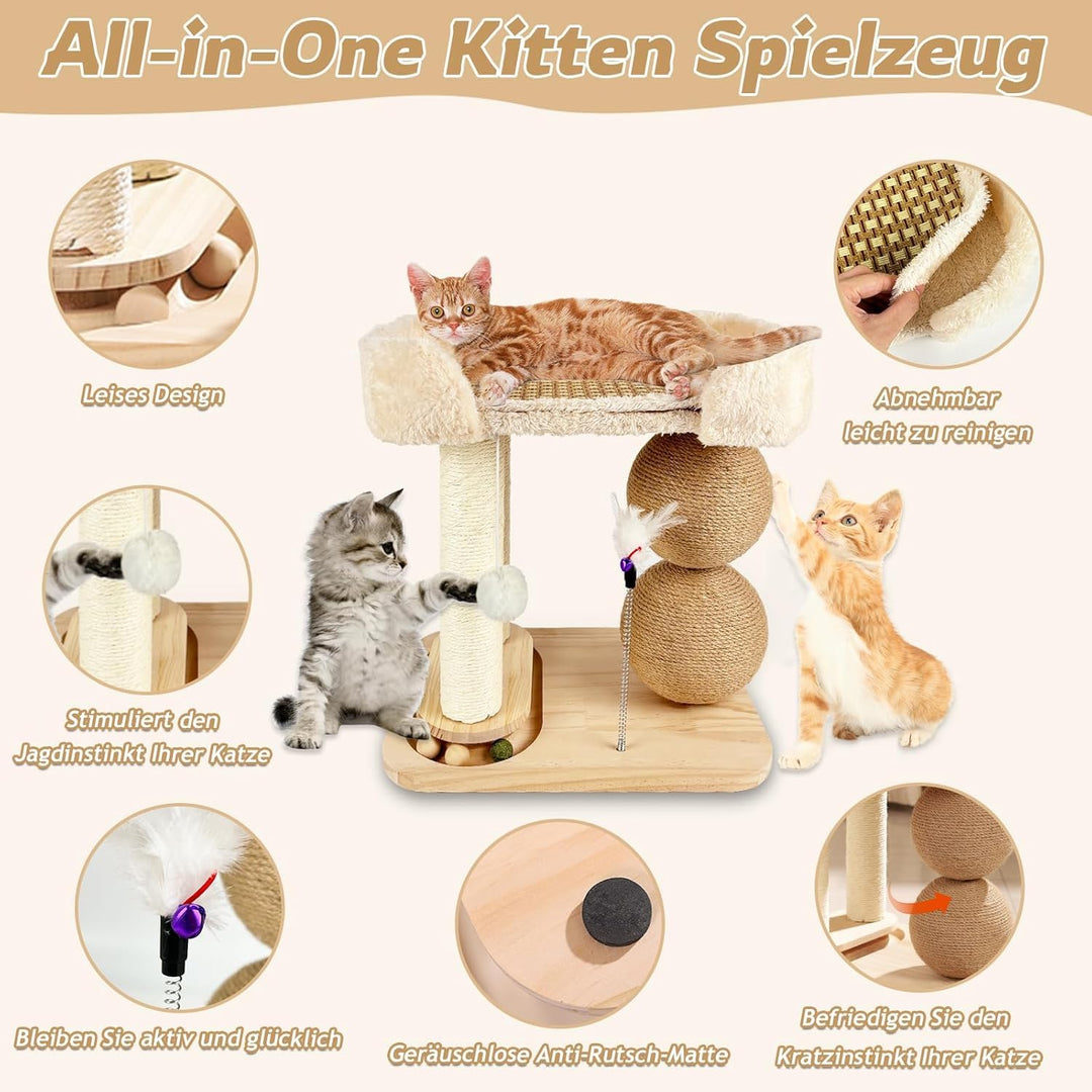 Interaktives Katzenspielzeug Aus Holz 6 in 1 Katzenmöbel mit Hängenden Kugeln, Drehbar Smart Track B
